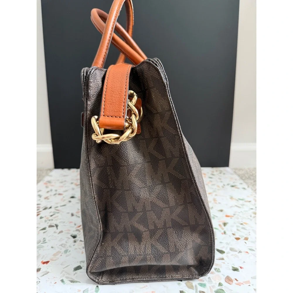 Michael Kors Hamilton Satchel Brown Logo PVC Leather Preppy Classic Tote Bag